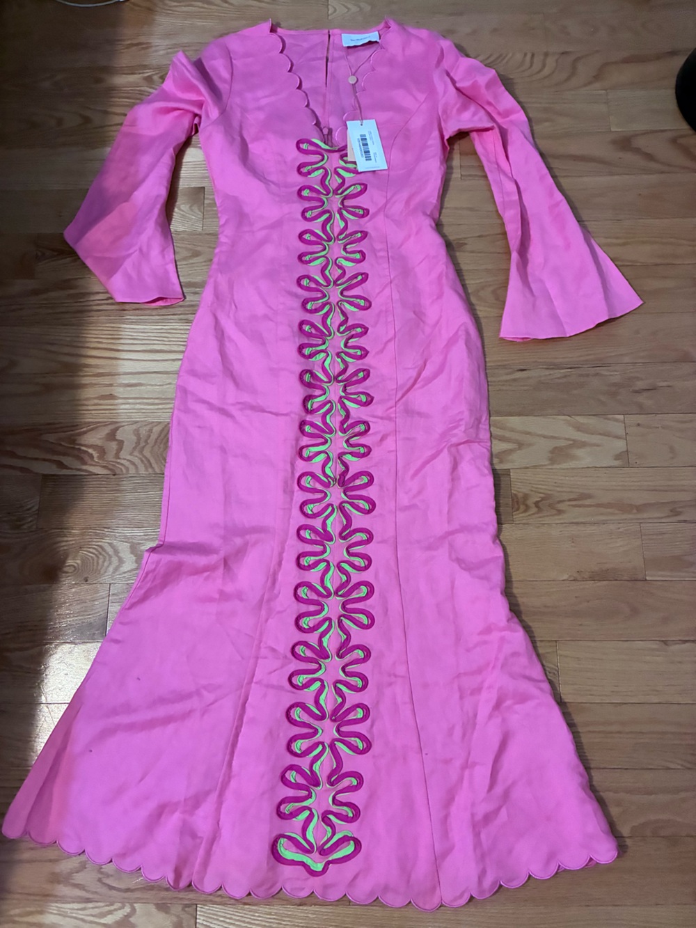 NWT The Wolf Gang Pink Scalloped Zabelle Maxi Dress with Center Embroidered Trim
